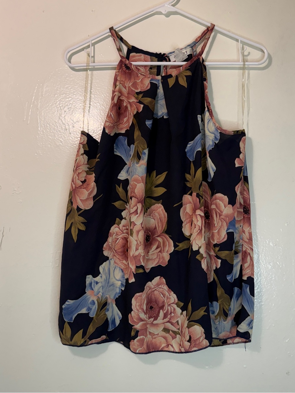 January 7 Floral Halter Neck Blouse Navy Blue Pink Peony Large Cottagecore